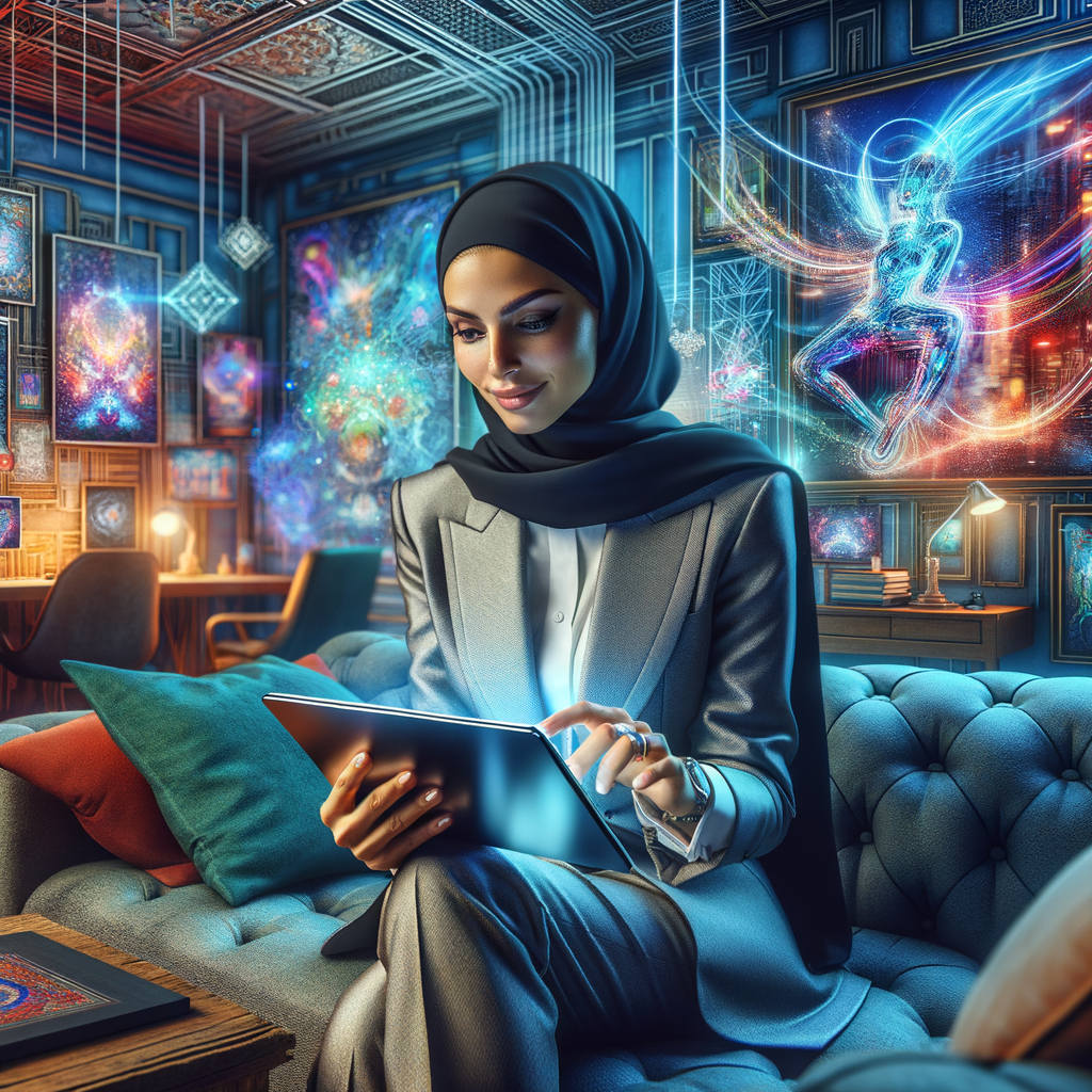 ソファでくつろぎながら、未来的なタブレットでAIアシスタントがまとめたニュースの概要を読む人のイメージ。未来的なガジェットとリラックスした雰囲気を強調。