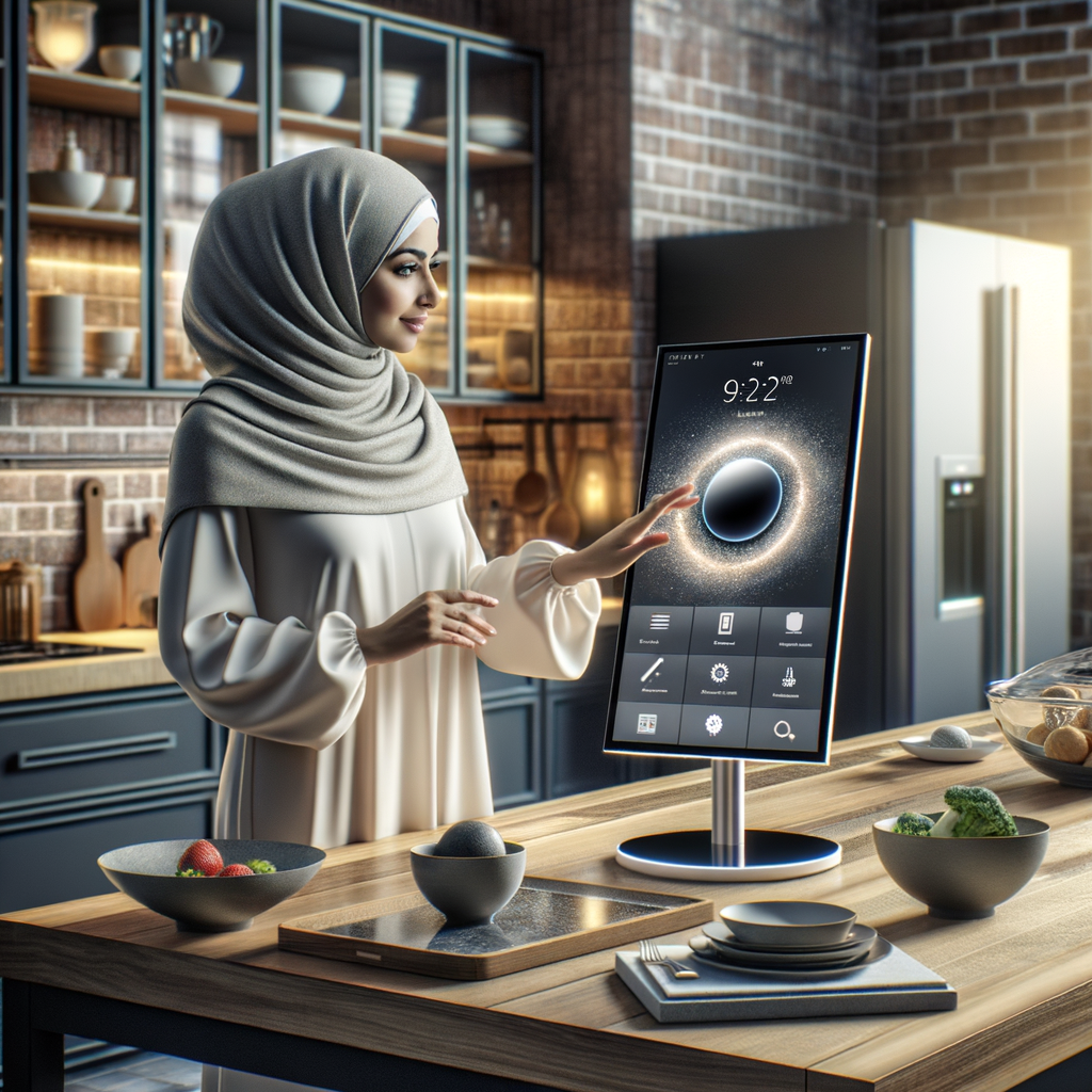 キッチンでAmazon Echo Show 10 (第4世代) に夕食の献立について相談している女性のイメージ。AIアシスタントの進化を表現。