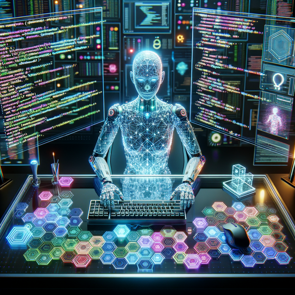 未来的なコーディング環境で、AIアシスタントがコードを提案している様子。複数のスクリーンにコードとドキュメントが表示されている。