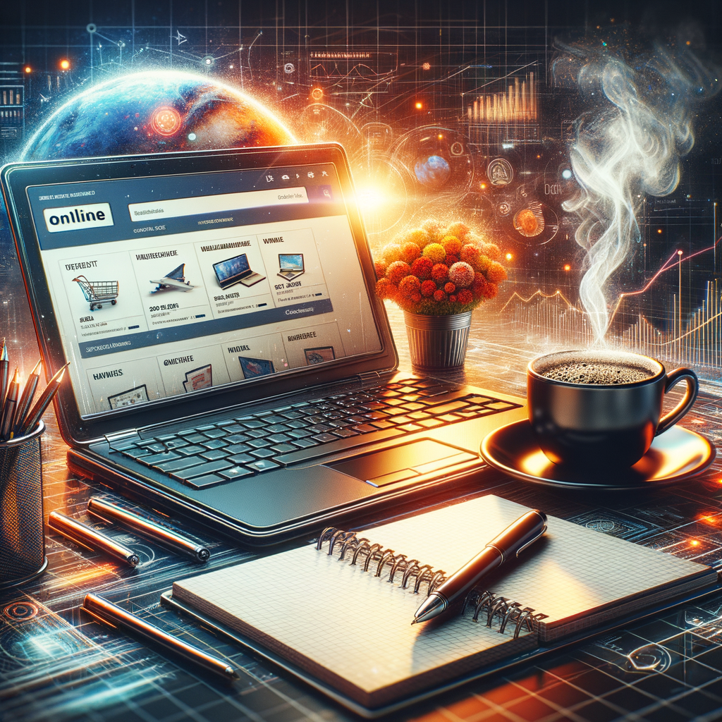 ブログでAmazonアフィリエイトを始めるイメージ。パソコン画面にAmazonのウェブサイトが表示され、その横にコーヒーカップ、メモ帳、ペンが置かれた、明るい雰囲気の作業スペース。