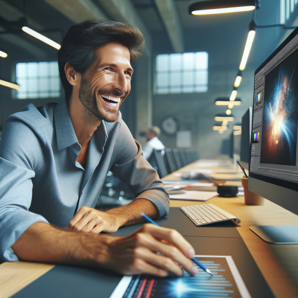 デスクに座り、AIが作成したメールの下書きを確認して笑顔になる人のイメージ。ラップトップの画面にメールが表示されている。