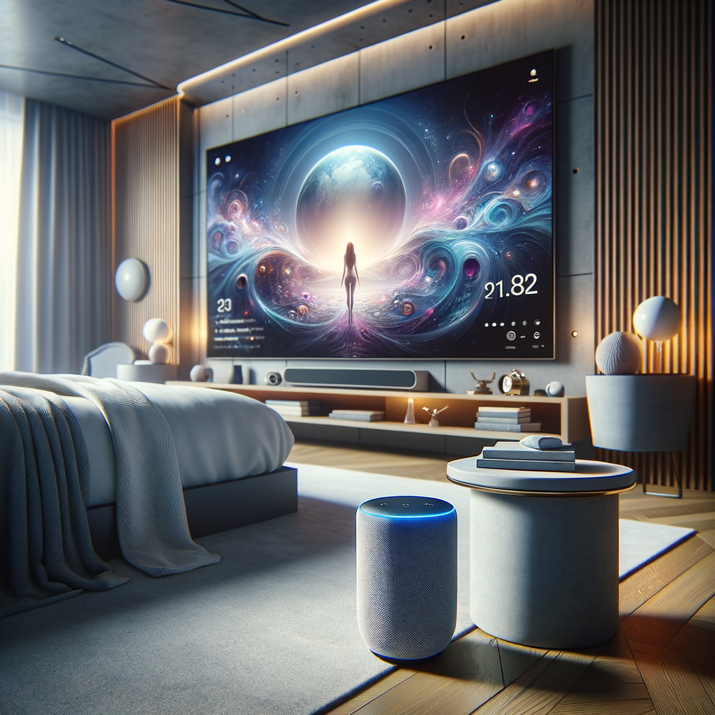 Echo Dot、Fire TV Stick、スマートプラグが連携し、AIによって最適化された朝のスマートホームの様子。