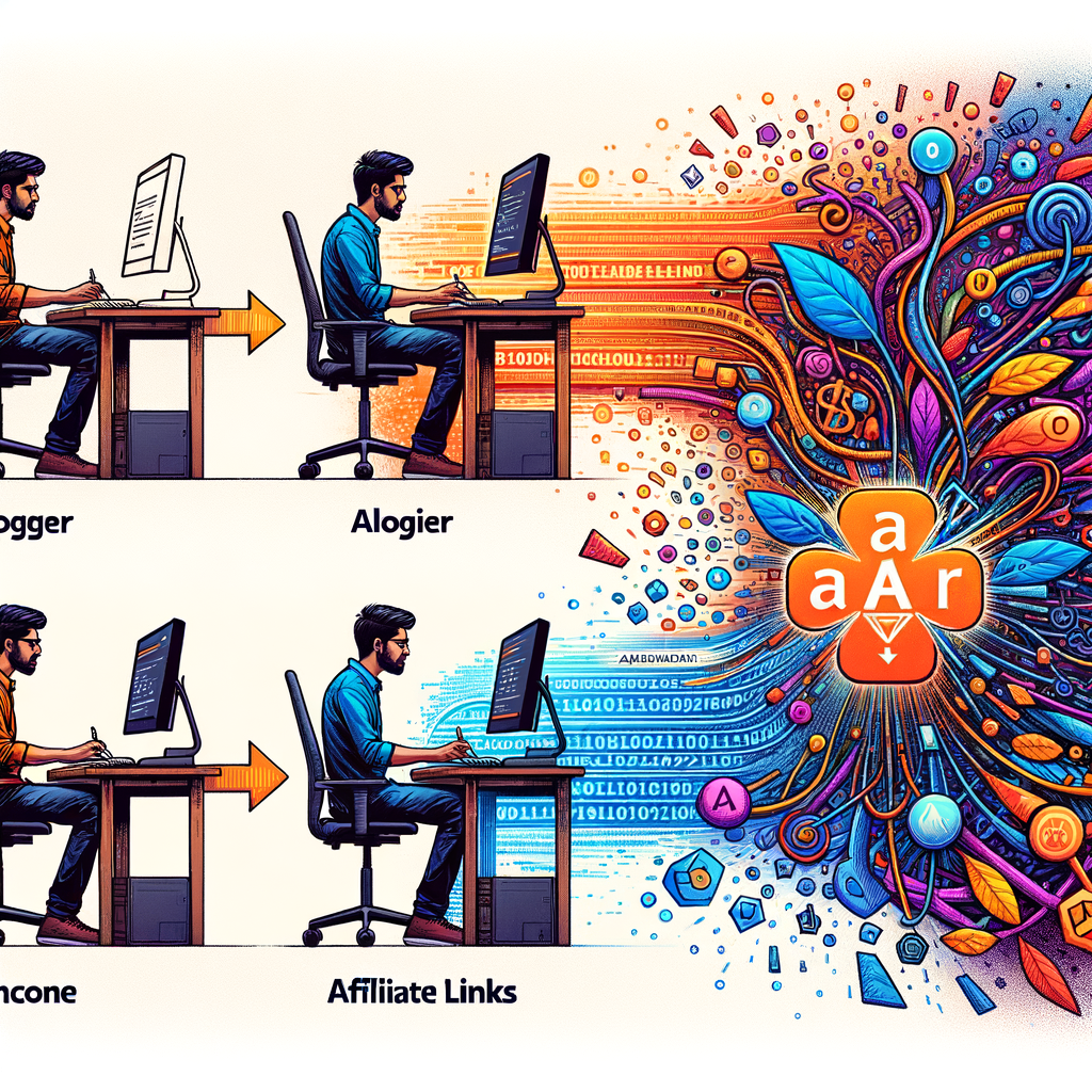 Amazonアフィリエイトリンクの仕組みを図解したイメージ。ブロガーからアフィリエイトリンクを経由してAmazonへ、そこから顧客が購入し、ブロガーに報酬が発生する流れを示す。