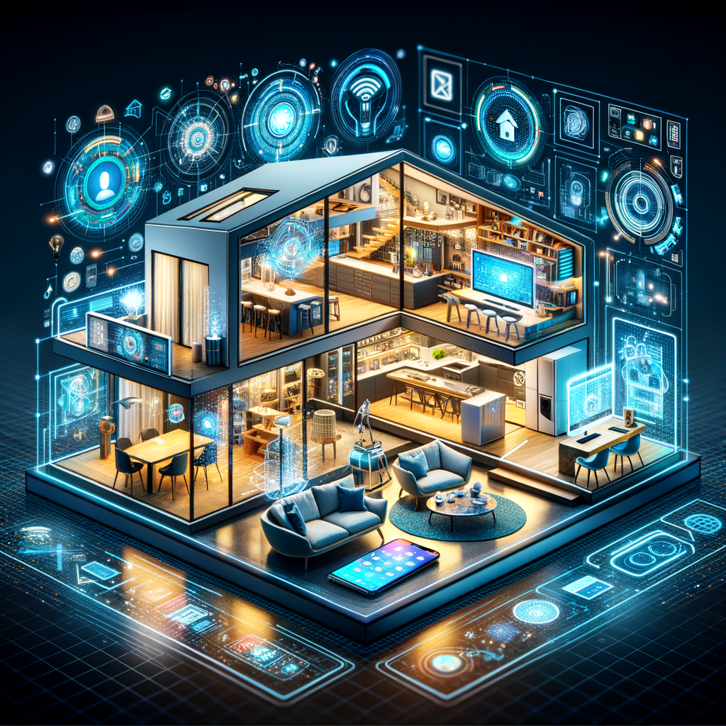 スマートホームの未来的なイメージ。様々なデバイスが連携し、AIアシスタントが生活をサポートしている様子を表現。オンデバイスAIとパーソナライズ機能の進化を強調。