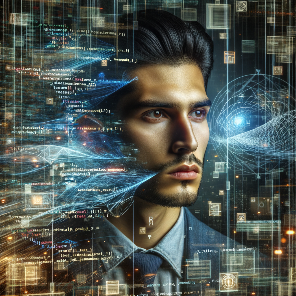 プログラマーがAIの助けを借りてコードをデバッグしている様子。エラーコードがハイライトされ、修正案が提案されている。