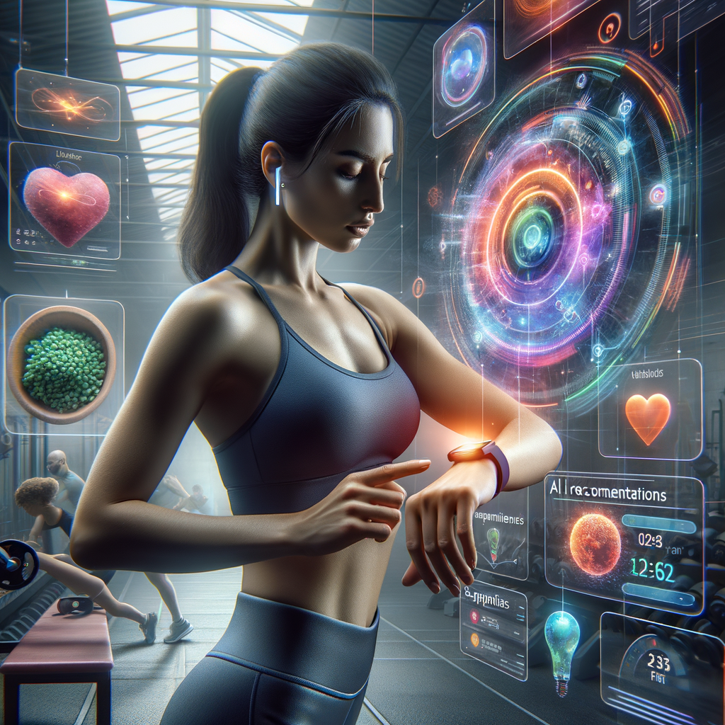 スマートウォッチのデータに基づき、AIがアスリートに最適なサプリメントを提案しているシーン。運動データとの連携と、パフォーマンス向上に繋がる活用例を示す。