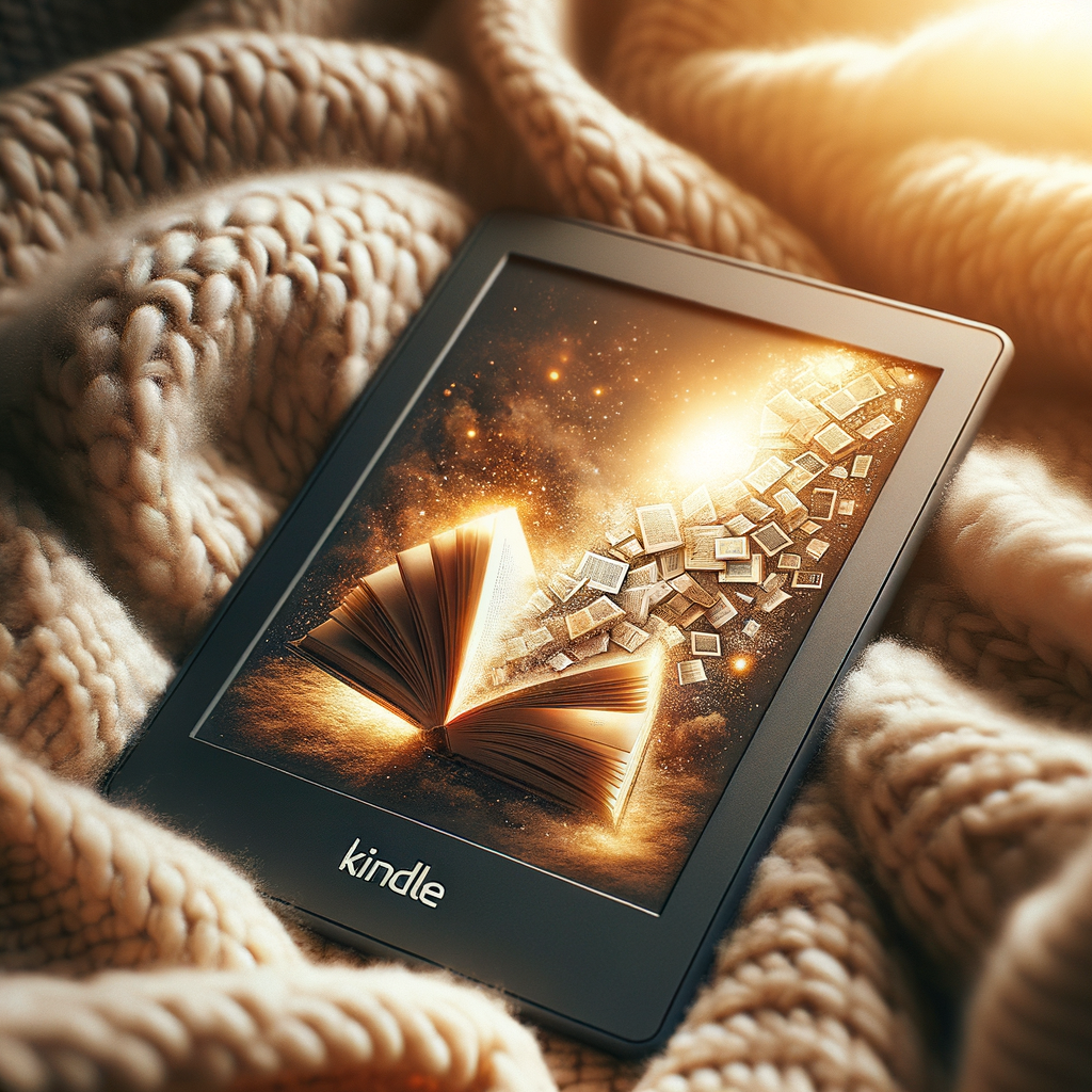 趣味ブログの例として、読書ブログをイメージ。開かれた本とKindle Paperwhiteが柔らかい毛布の上に置かれ、暖かい光が当たっている様子。