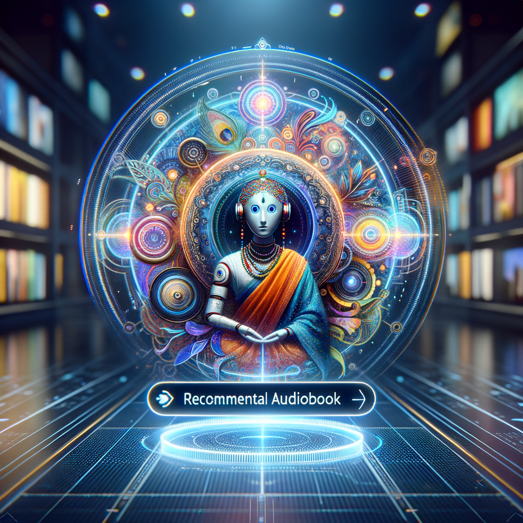 AIが、個人の好みに合わせてスピリチュアルオーディオブックをレコメンドしている様子。インターフェースは未来的なデザインで、AIが「心のコンシェルジュ」のようにパーソナライズされた提案をしているイメージ。