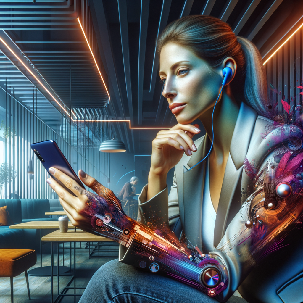 通勤中や家事の合間に、イヤホンでAmazonオーディブルを聴きながら健康知識を学んでいる女性のイメージ。背景は都会の風景または、キッチンなど日常的な場所を想定。