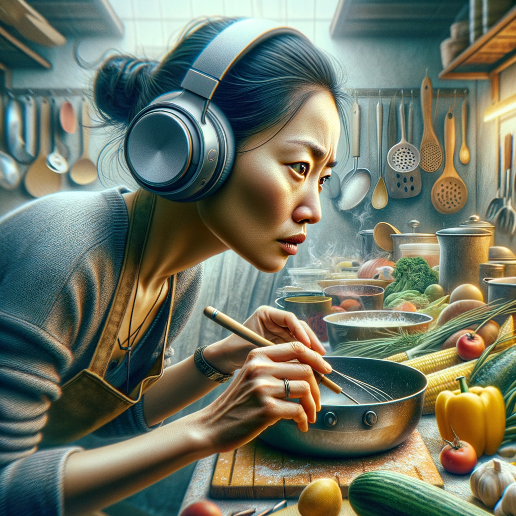 キッチンで料理をしながらヘッドホンでオーディオブックを聴いている女性のイメージ。健康的な料理を作っている様子で、Audibleで健康知識を学びながら生活に取り入れている様子を表現。