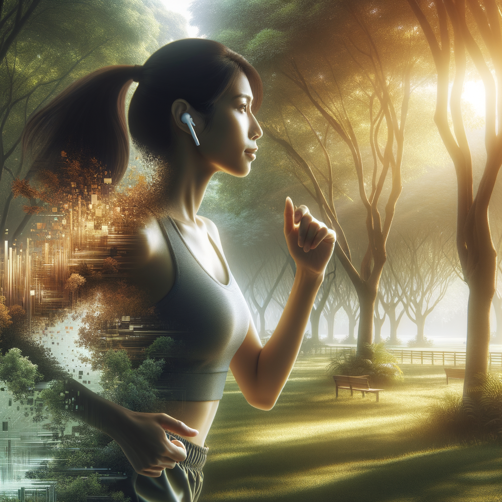 イヤホンから健康的な食事のアイコンが吹き出しのように出てきて、運動しながら健康知識をインプットしている様子を表しています。