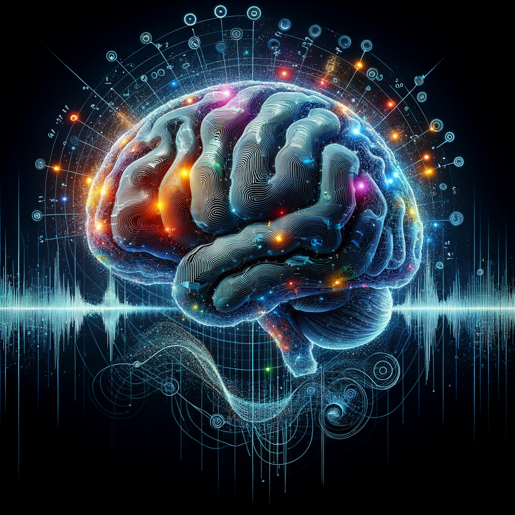 脳波を同調させる音響技術(バイノーラルビートなど)が脳に与える影響を視覚的に表現。アルファ波、ベータ波、シータ波などを異なる色で示す。