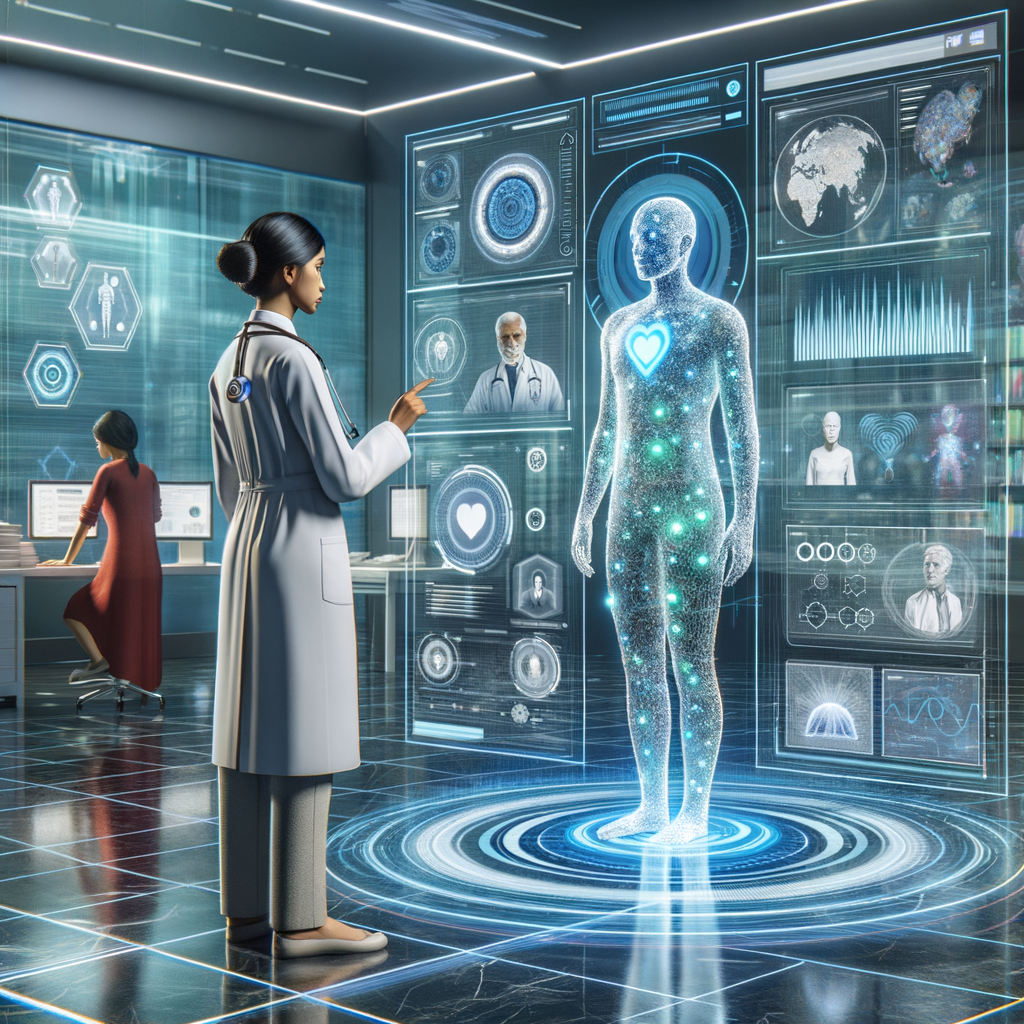 AIが患者の遺伝子情報や生活習慣を分析し、個別化された健康アドバイスを提供している様子。未来的な医療インターフェースが特徴。