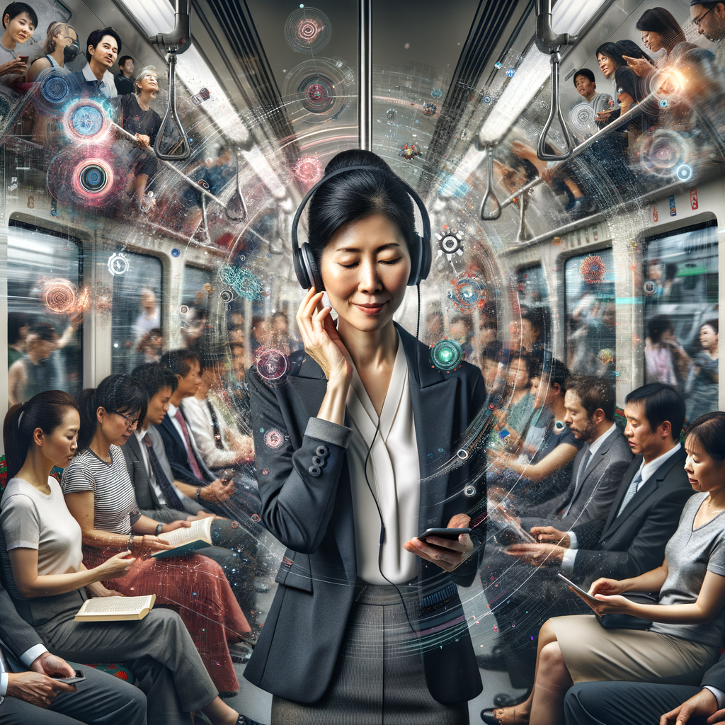 満員電車内で、スマートフォンでAudibleを聴いている女性の画像。集中して聴いている様子が伝わるように、イヤホンを装着し、目を閉じている、または少し微笑んでいる表情。