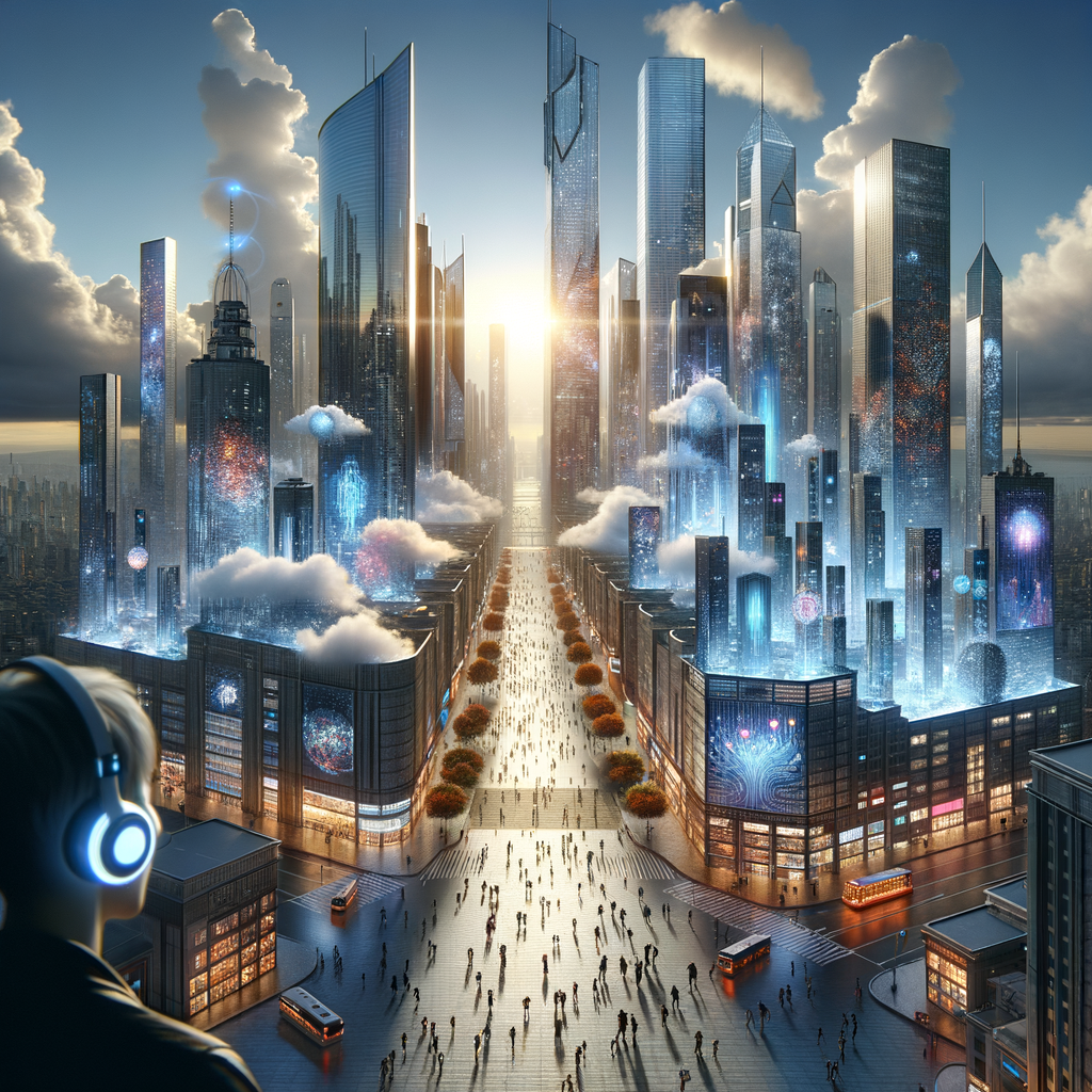 『AI 2041』を聴きながら未来都市を体験する人々。AIアシスタントが寄り添い、テクノロジーと人間が共存する様子を表現。