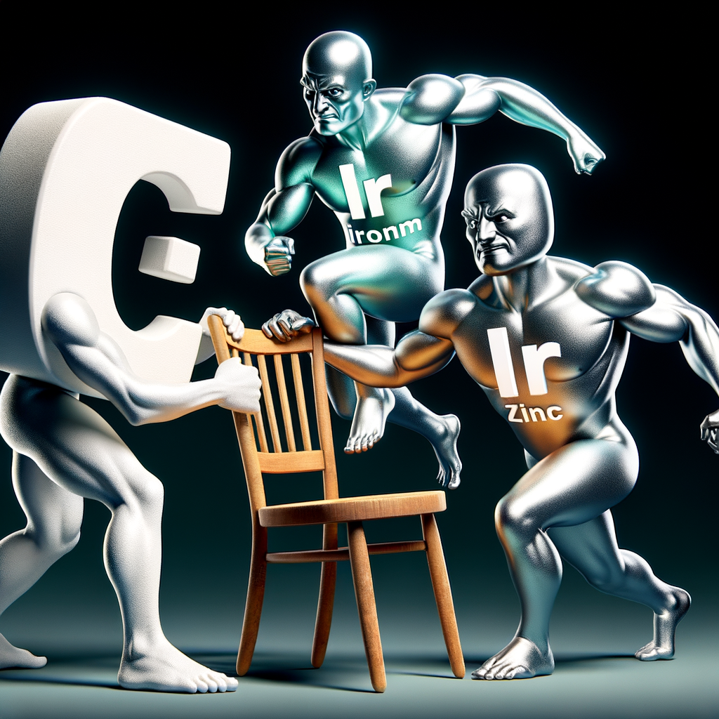 カルシウム、鉄、亜鉛が椅子を奪い合っているイラスト。栄養素同士の拮抗作用を視覚的に表現。