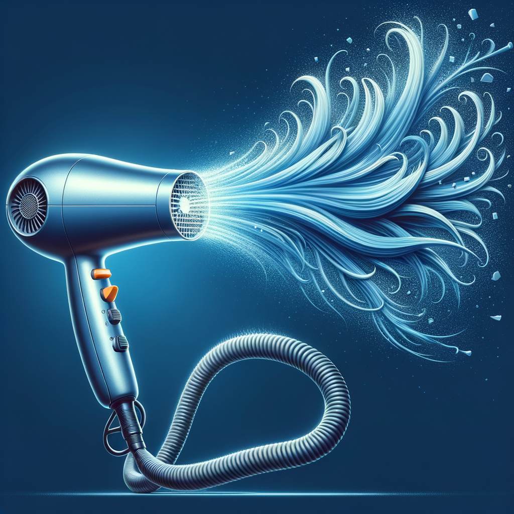 高級ドライヤーの大風量を表現したイメージ。髪が風になびいている様子を強調し、速乾性をアピールします。