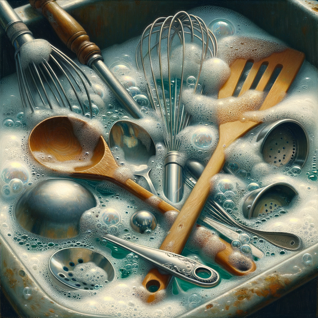 シンクの中で、オキシクリーンを使って換気扇のファンや五徳などのキッチン用品を漬け置き洗いしているイメージ。泡が汚れを浮かび上がらせている様子がわかるように。