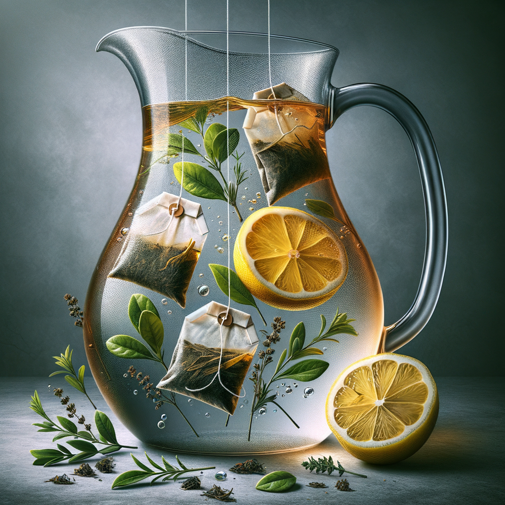 キッチンカウンターで、ピッチャーに水とティーバッグ、レモンやハーブを入れて水出しティーを作っている様子。明るい照明。