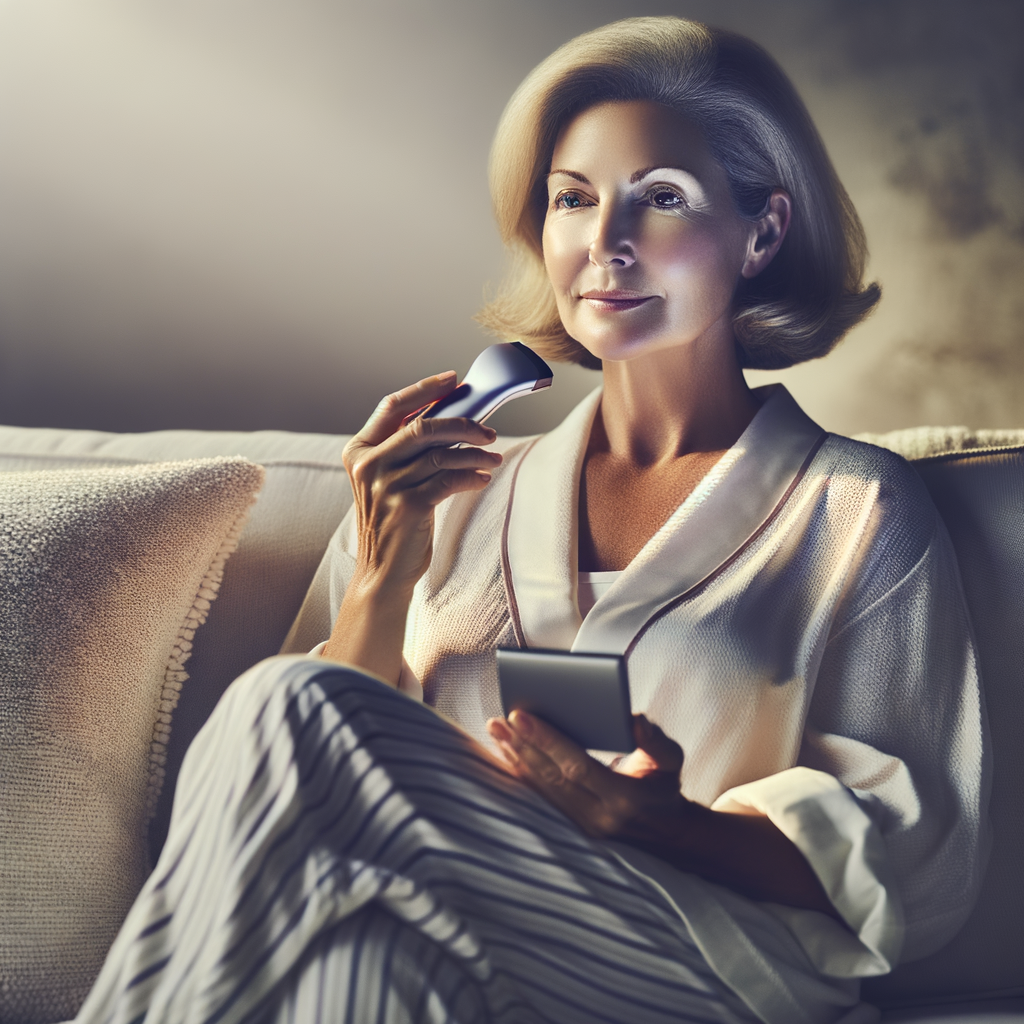 自宅でリラックスしながら美顔器を使用し、エステのようなケアをしている女性のイメージ。