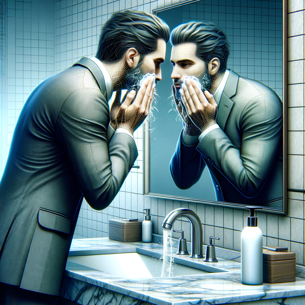 洗顔、化粧水、日焼け止めの3ステップを実践する男性のイメージ。洗面所の鏡の前で、それぞれのアイテムを使用している様子がわかるように。