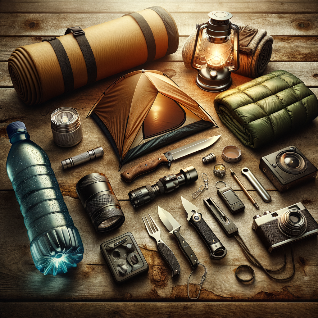 ソロキャンプに必要なテント、寝袋、バーナー、ランタン、チェアなどが、木製のテーブルや地面に美しく配置されている画像。全体を見渡せるように、少し高い位置からのアングルで、背景はぼかされている。