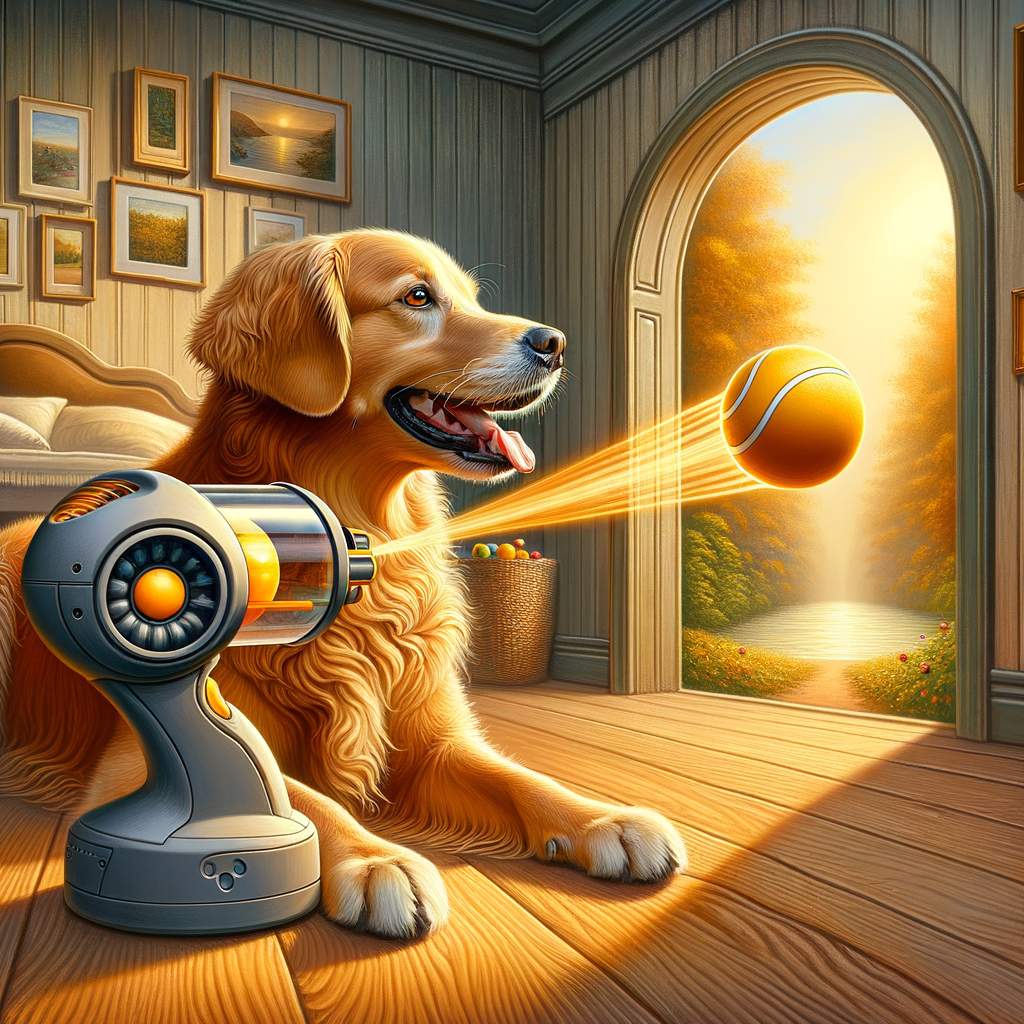 留守番中のゴールデンレトリバーが、自動ボールランチャーから投げ出されるボールを追いかけて楽しそうに遊んでいる様子。