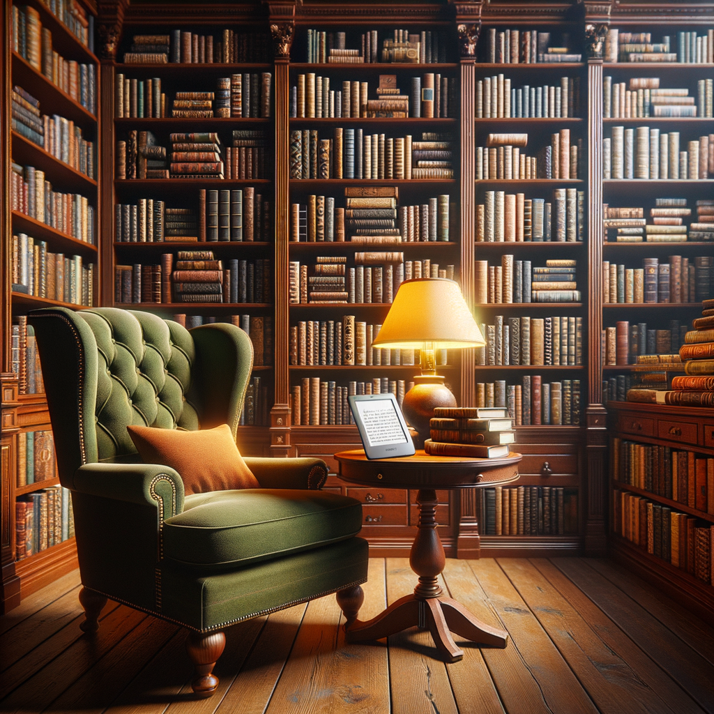 Kindle Paperwhiteが、大量の本を収納できるデジタルな書斎として、本のコレクションの一部として自然に溶け込んでいる様子を表しています。