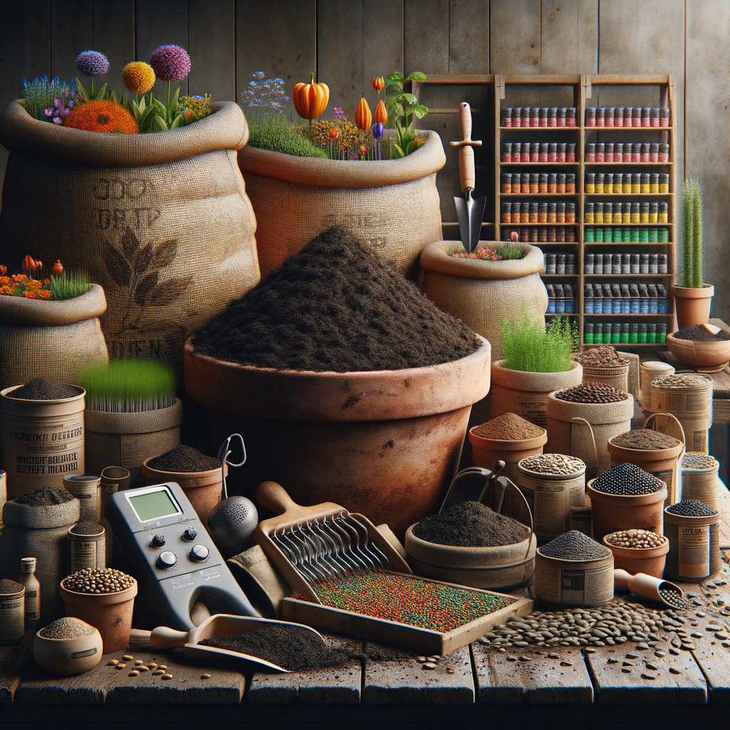 プランター、培養土、種、肥料、説明書など、プランター菜園キットの内容物が分かりやすく並べられたイメージ。