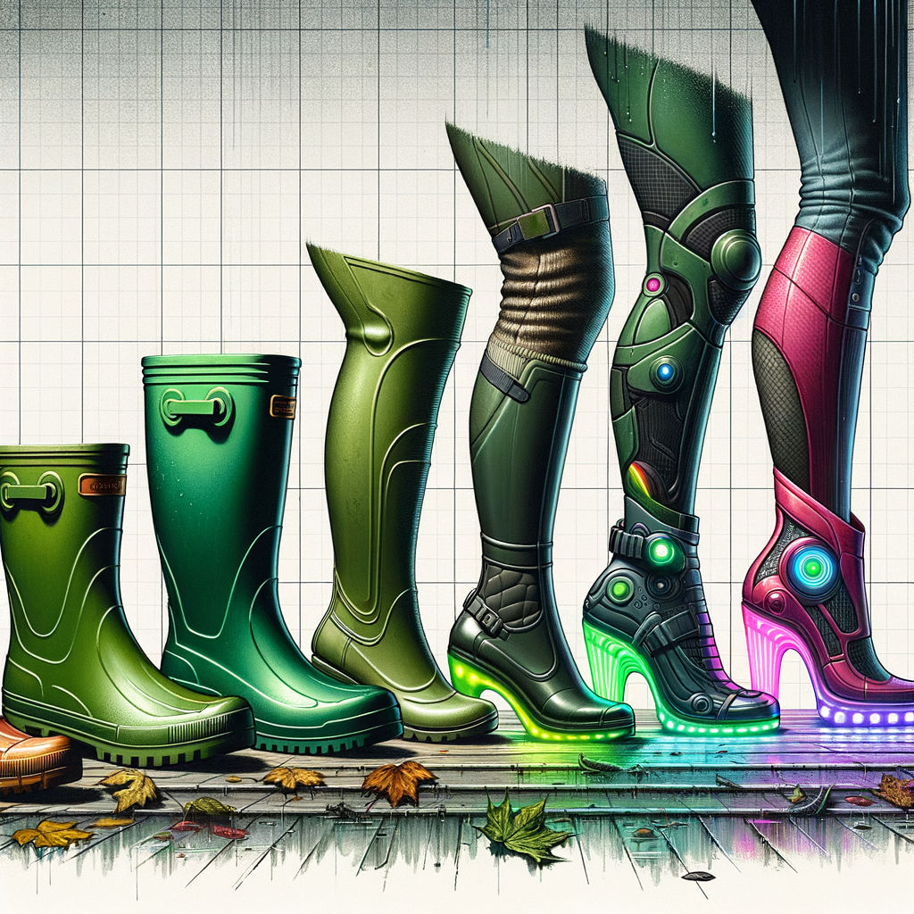 昔ながらのゴム長靴と、現代的なスニーカー型やローファー型のレインシューズを並べて比較した画像。素材の進化とデザインの変化を表現。