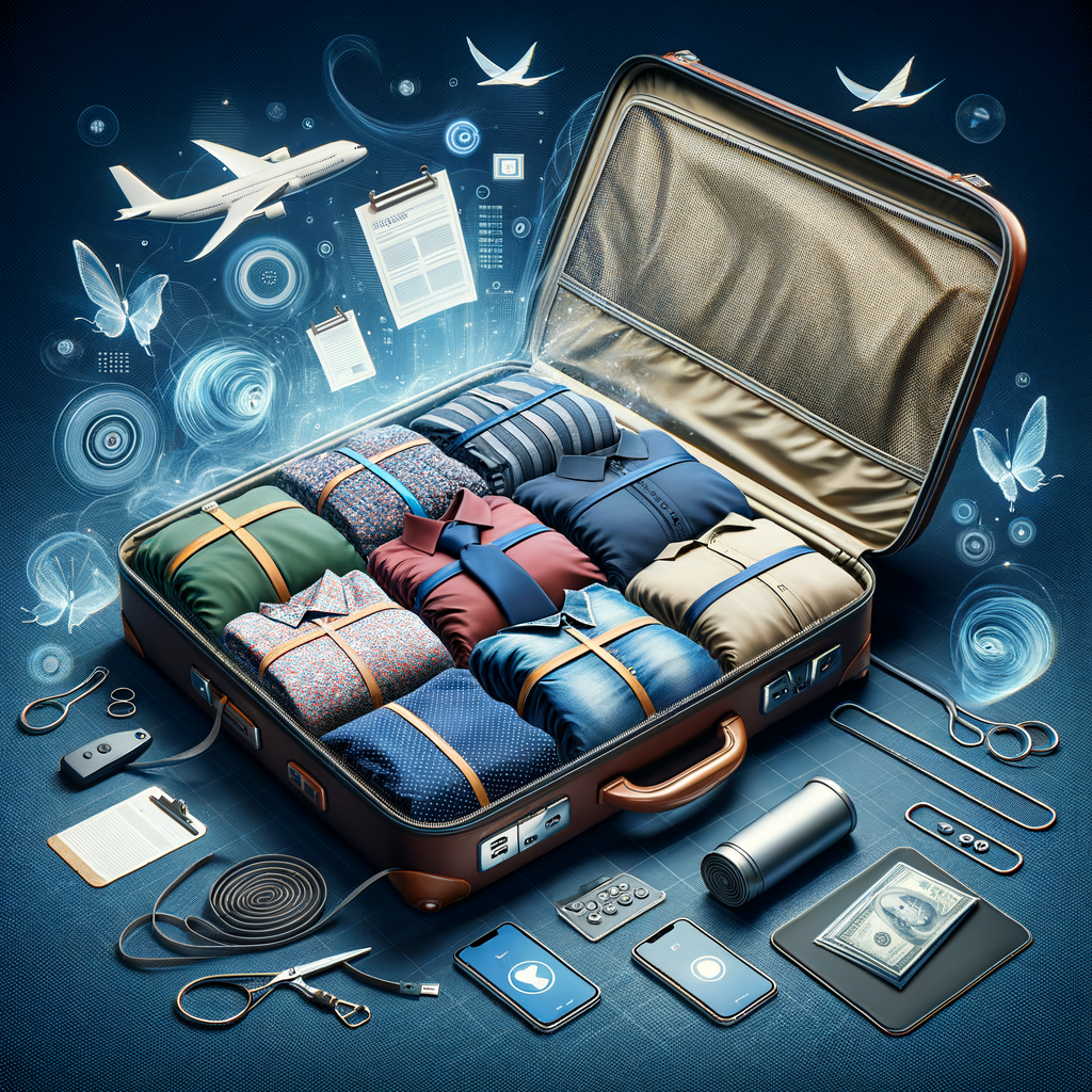 スーツケースの中に衣類圧縮袋に入った衣類が並んでいる様子。圧縮されていることが分かりやすいように、圧縮前後の比較をイメージできる構図。