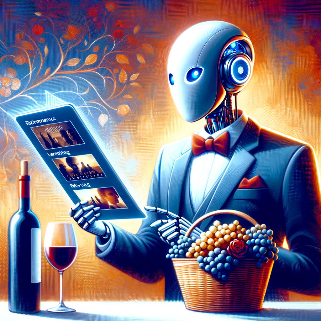 Prime Videoのレコメンド機能が高度なAIによって強化され、個人の好みに合わせた映画を提案してくれるイメージ。データが視覚的に表現されています。