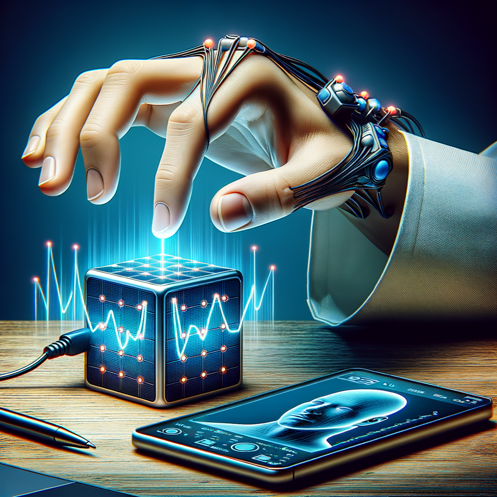 MindMeld Cubeを手に持ち、センサーに指を添えている様子。スマートフォンにはストレスレベルのグラフが表示され、集中力やリラックス状態を可視化する様子を表す。