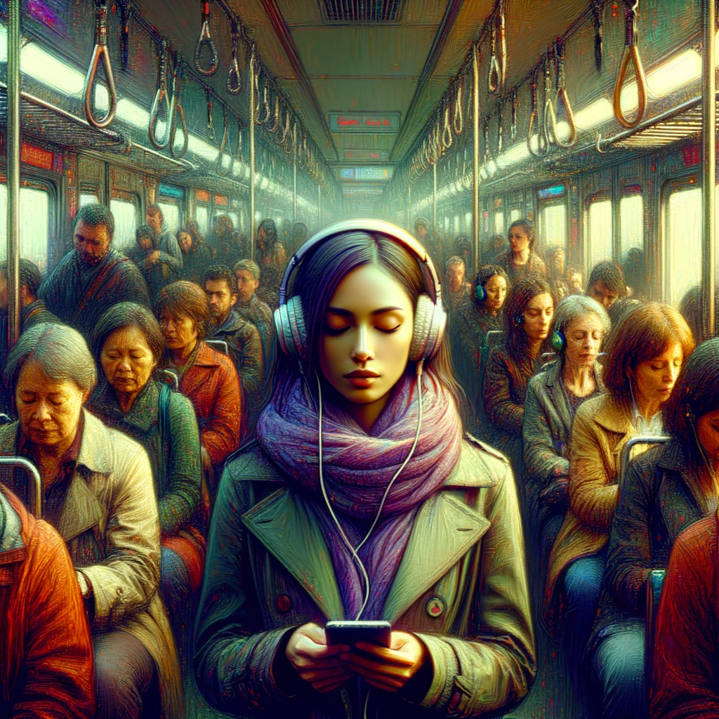 満員電車の中で、ヘッドホンでオーディオブックを聴いている人が、周囲の喧騒から遮断され、穏やかな表情でリラックスしている様子。スピリチュアル系のコンテンツを聴いていることを暗示させるような、穏やかな光の表現を加える。