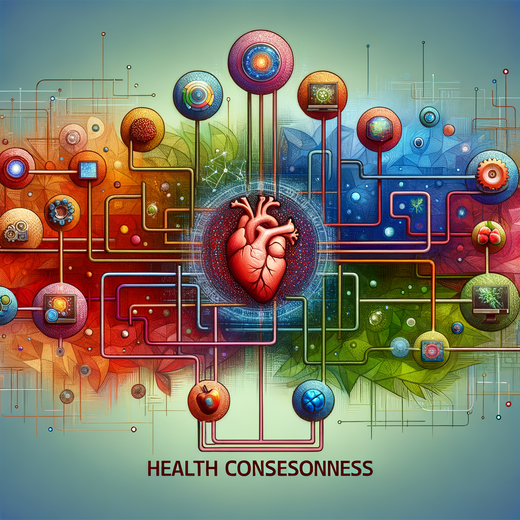 記事内で説明されている「健康意識」の概念を視覚化したイメージ。「健康意識」を中心に、「身体の健康」「心の健康」「知識の健康」の3つの要素が放射状に広がっている図。