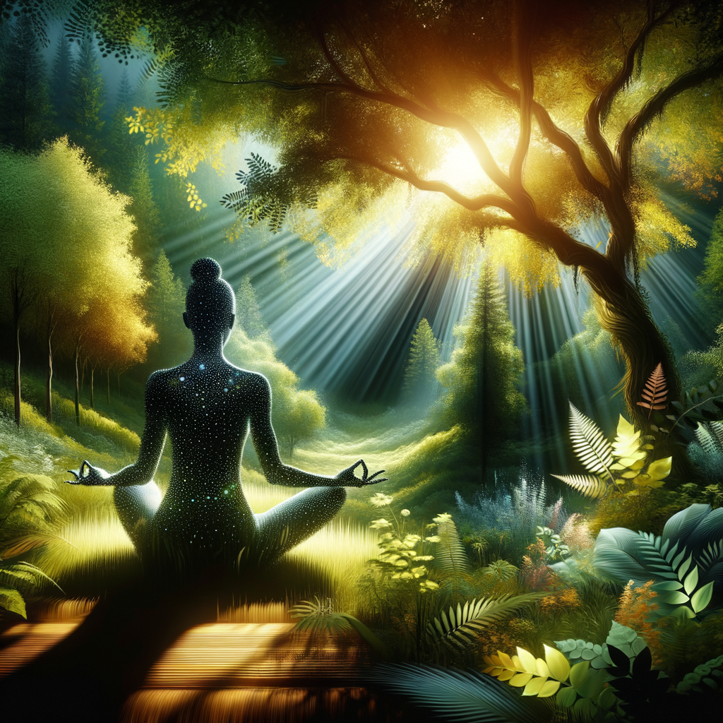 静かな自然の中で瞑想している女性のイメージ。リラックスした雰囲気で、Audibleアプリが近くにあり、マインドフルネスを実践している様子を示す。