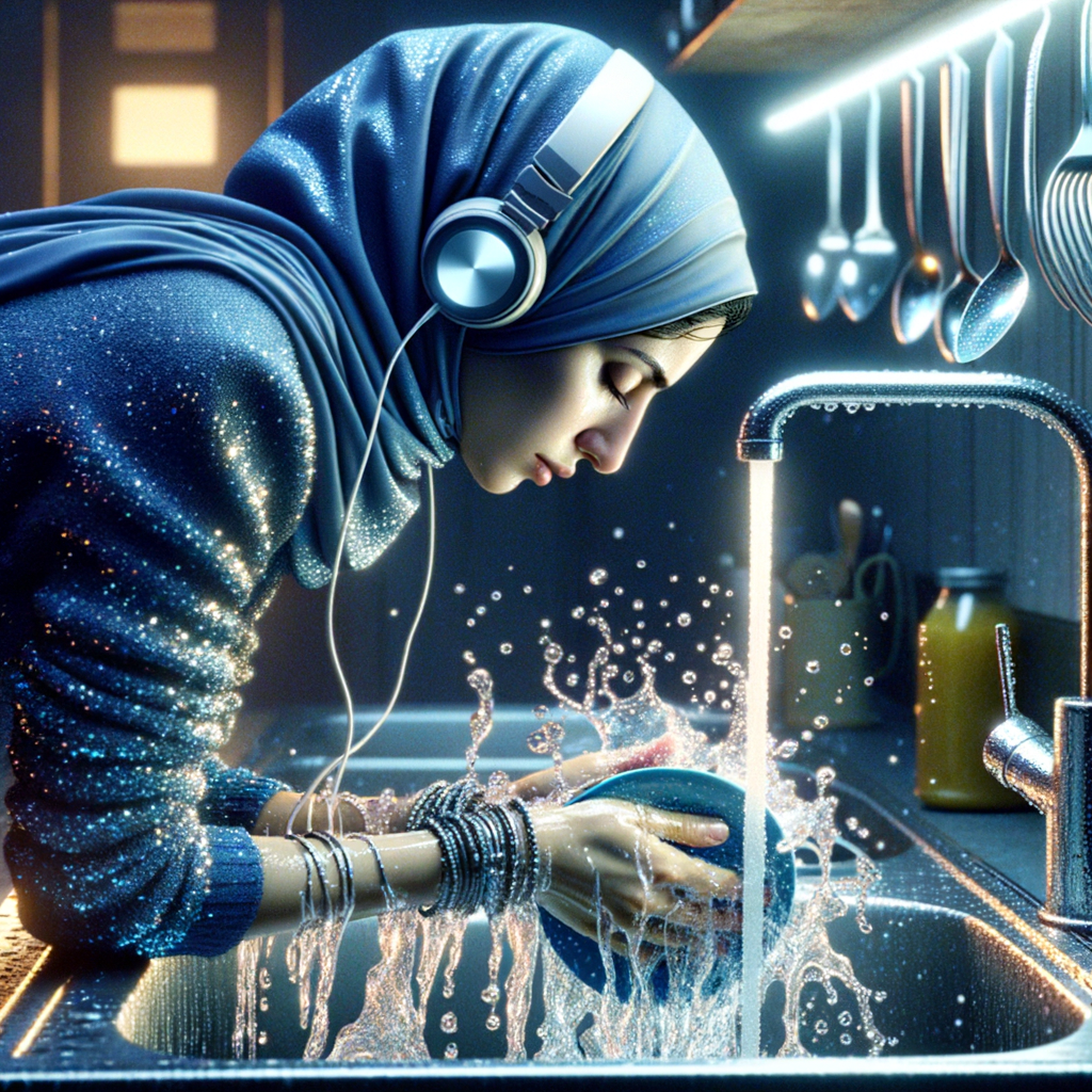 キッチンで皿洗いをしながら、涙ぐみながらイヤホンで聴いている人物のイメージ。感情解放をテーマにしたオーディオブックを聴き、感情のデトックスをしている様子を表しています。