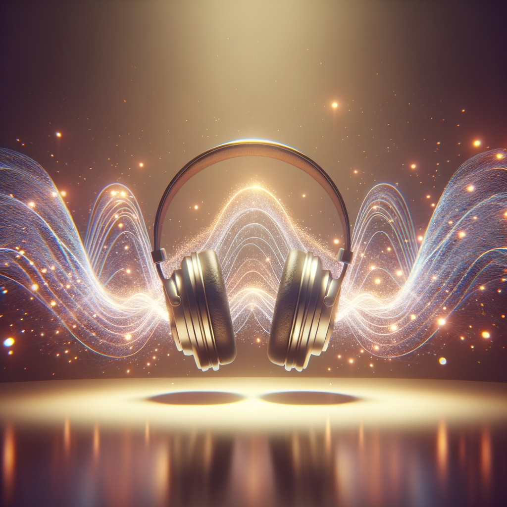 ヘッドホンからバイノーラルビートのような特殊な音響が流れ出し、聴覚体験を通じて精神状態を変化させる様子を表現。