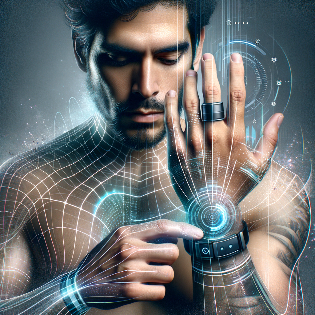 Oura RingとApple Watchを装着した男性。身体データがリアルタイムで表示され、バイオハッキングによって健康管理を行っている様子。