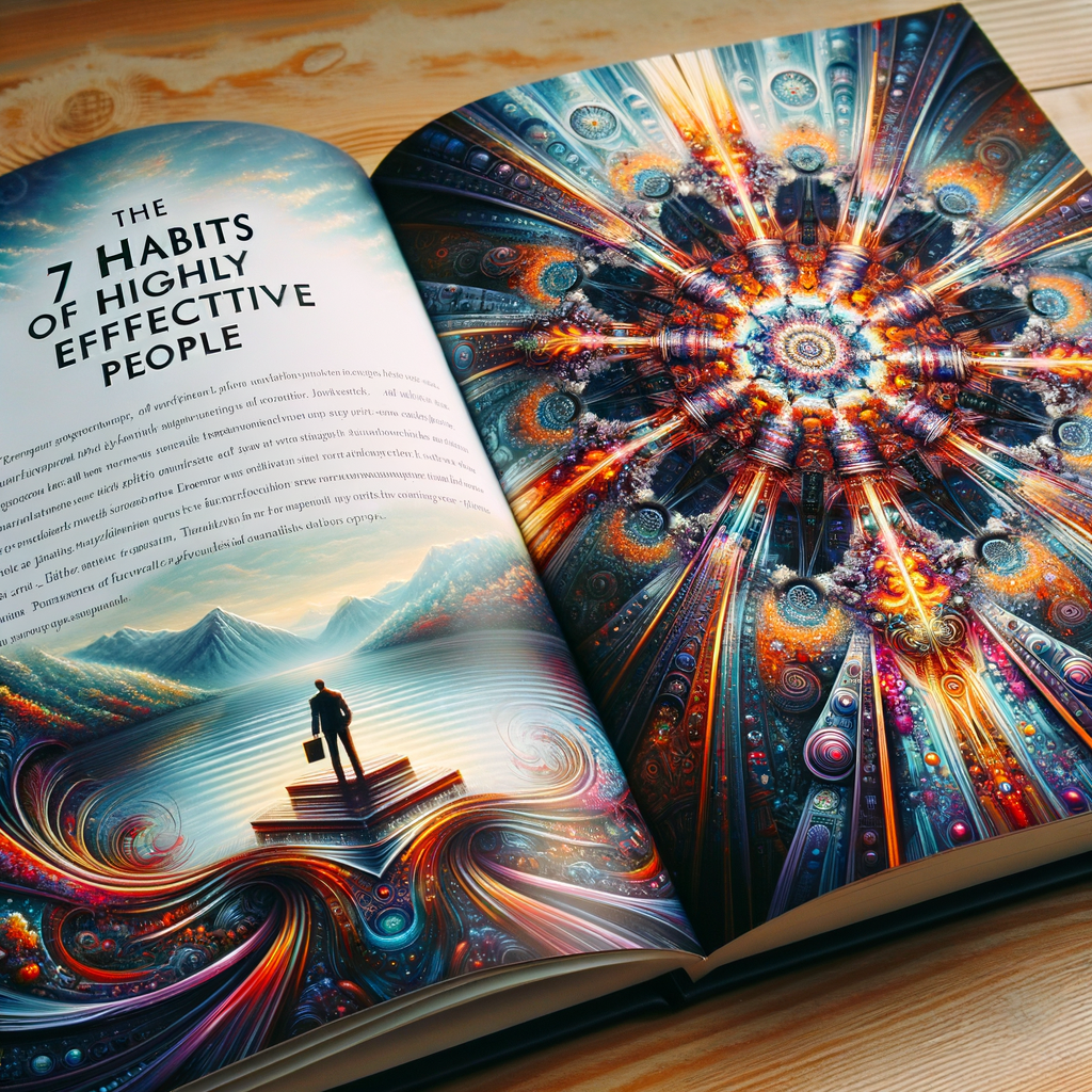 『7つの習慣』の本が開かれ、横にグラフやチャートが表示されたデジタルスクリーンがあり、ロボットアームがそこに書き込んでいる。AIによる分析と実践状況の記録を表現。