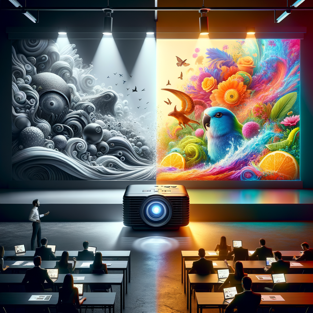 2つのプロジェクターを並べて比較。片方は暗く、もう片方は明るく鮮明な映像を映し出している。ルーメン数の違いを視覚的に表現。