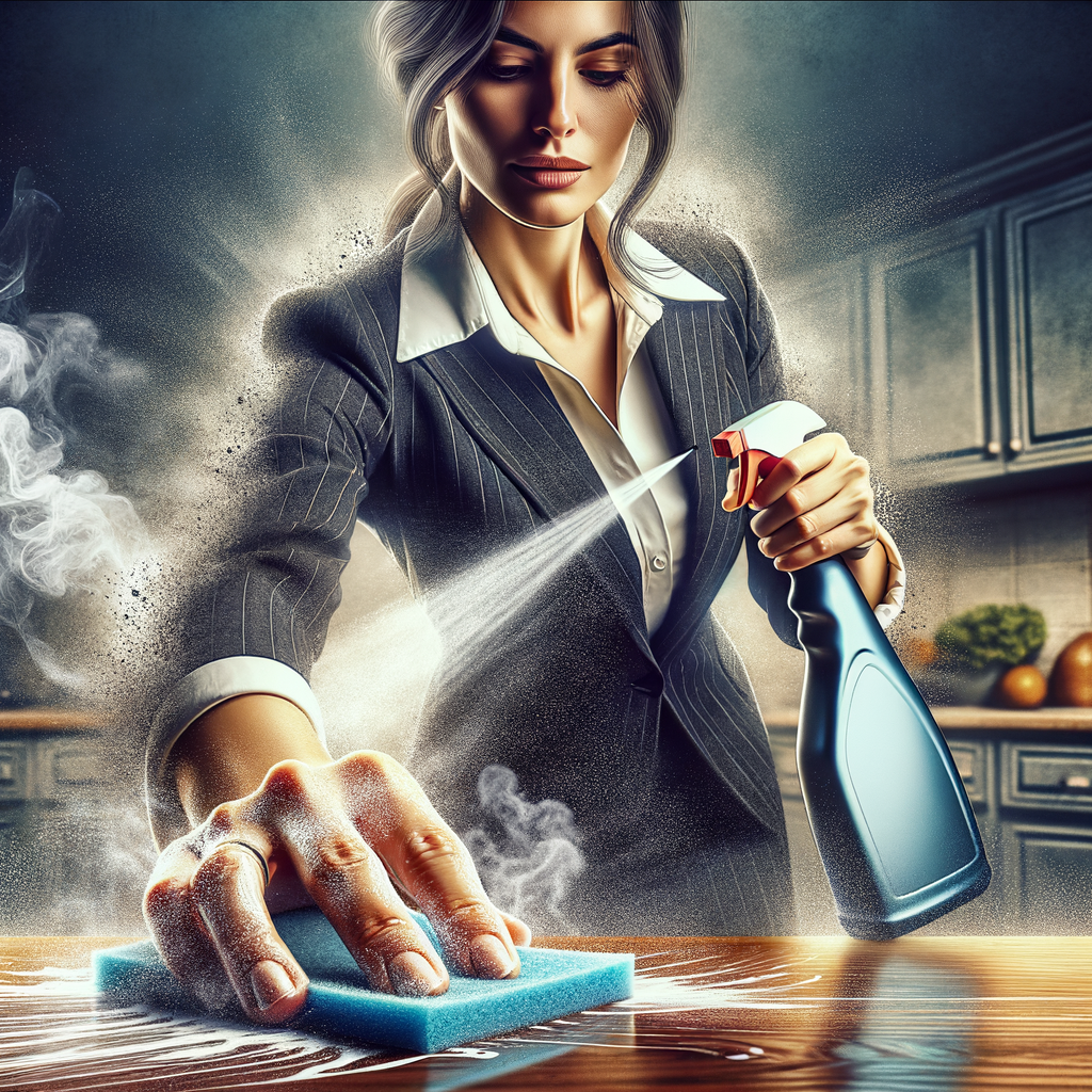 女性がセスキ炭酸ソーダを溶かしたスプレーをキッチンの油汚れに吹き付けている様子。油汚れが酷いコンロ周りを想定。