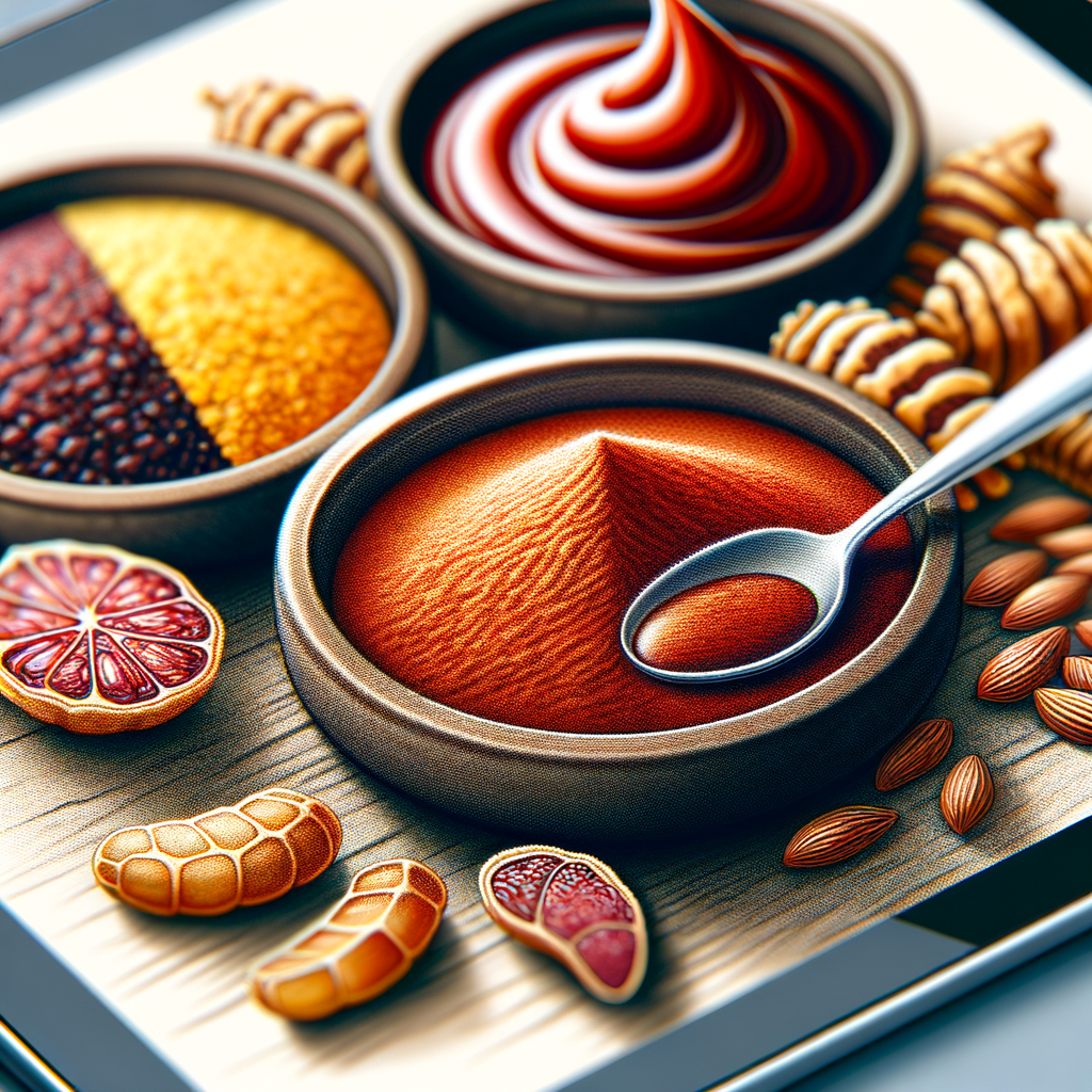 スマックパウダーとタマリンドペーストのクローズアップ。背景には中東料理と東南アジア料理をぼかして配置し、それぞれの調味料が使われる料理を連想させます。