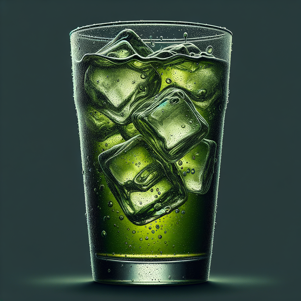 グラスに入った水出し緑茶のクローズアップ。グラスに水滴がついている。クリアで爽やかなイメージ。背景はぼやけている。