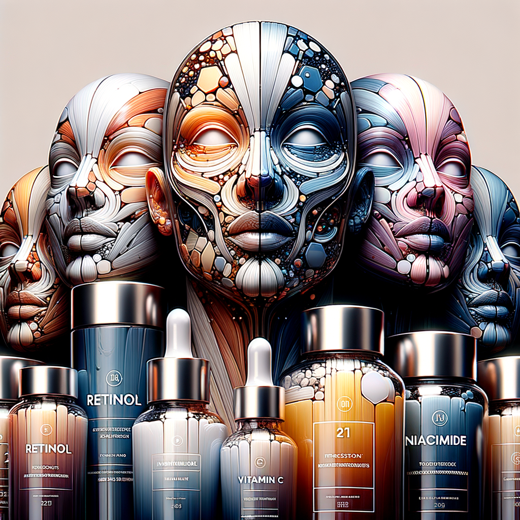 レチノール、ナイアシンアミド、ビタミンC誘導体など、エイジングケア成分が記載されたスキンケア製品のボトルをクローズアップした画像。