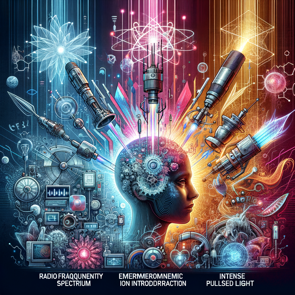 RF(ラジオ波)、EMS(電気的筋肉刺激)、イオン導入・導出、IPL(インテンス・パルス・ライト)の各技術を説明する図解。それぞれの技術が肌にどのような効果をもたらすかを視覚的に表現。