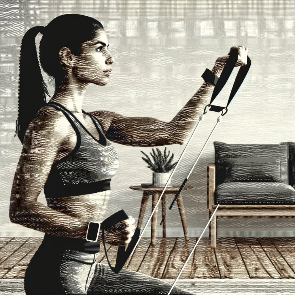 自宅でトレーニングチューブを使って腕のトレーニングをしている女性。負荷を調整し、多様なトレーニングを可能にする様子。