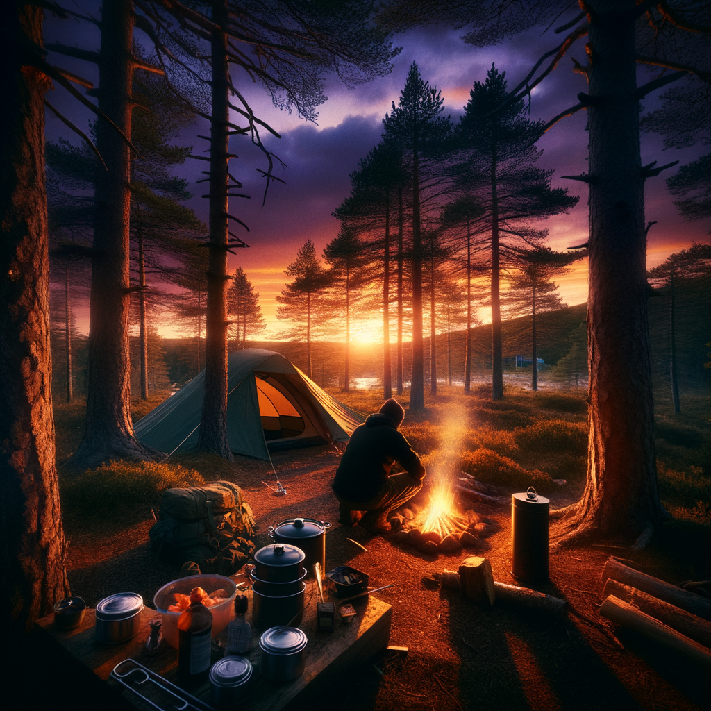 ソロキャンパーが、夕暮れ時のキャンプサイトで、折りたたみテーブルの上に置いたポータブルストーブを使って夕食を準備している様子。ランタンの光が暖かく照らし出している。