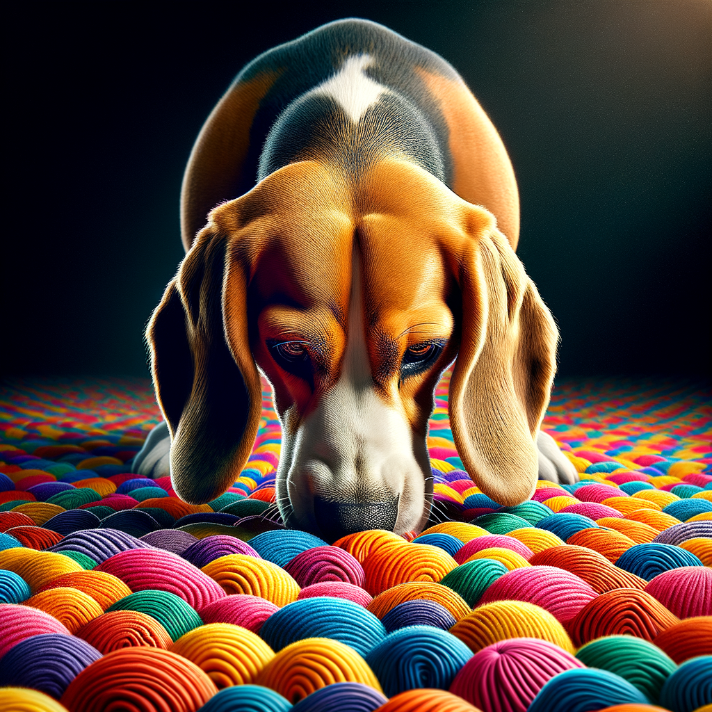 ビーグル犬が、カラフルなノーズワークマットの中に隠されたおやつを、鼻を使って熱心に探している様子。