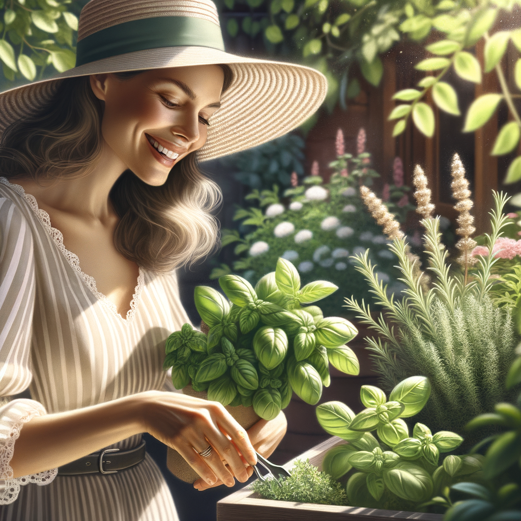 日当たりの良いベランダで、女性がプランターで育てているハーブを摘み取っている様子。